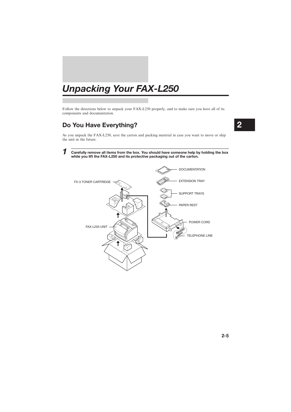 Unpacking your fax-l250 | Canon L250 User Manual | Page 31 / 282