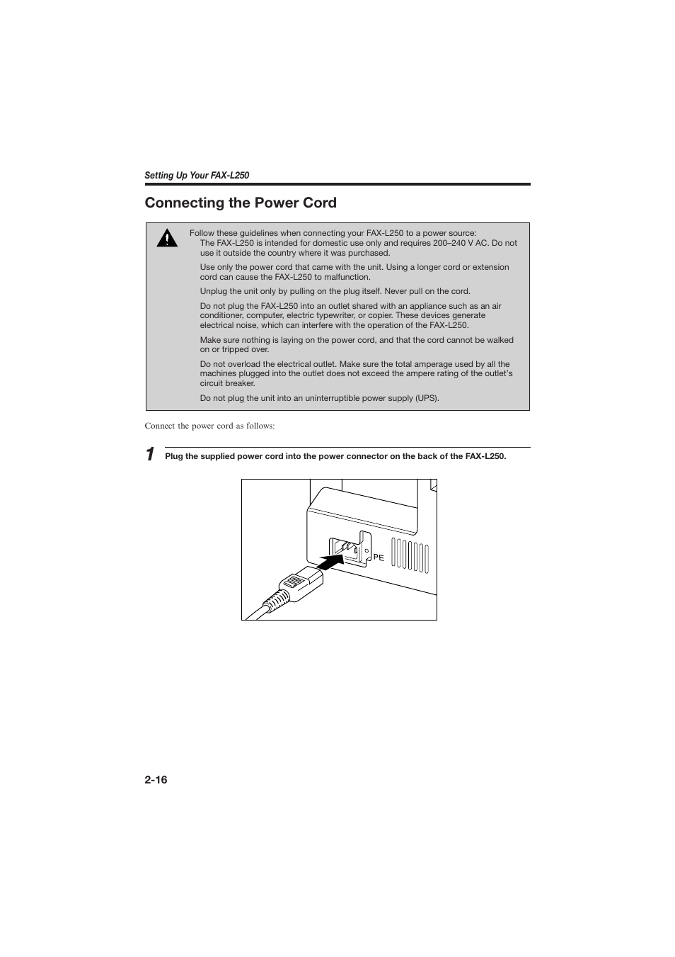 Connecting the power cord | Canon L250 User Manual | Page 42 / 282