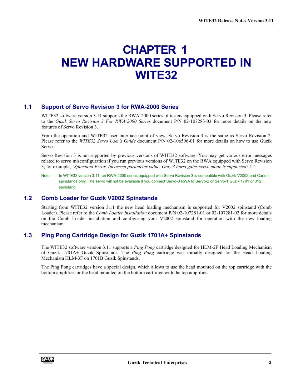 New hardware supported in wite32, Support of servo revision 3 for rwa-2000 series, Comb loader for guzik v2002 spinstands | Chapter 1 new hardware supported in wite32 | Canon WITE32 User Manual | Page 3 / 29