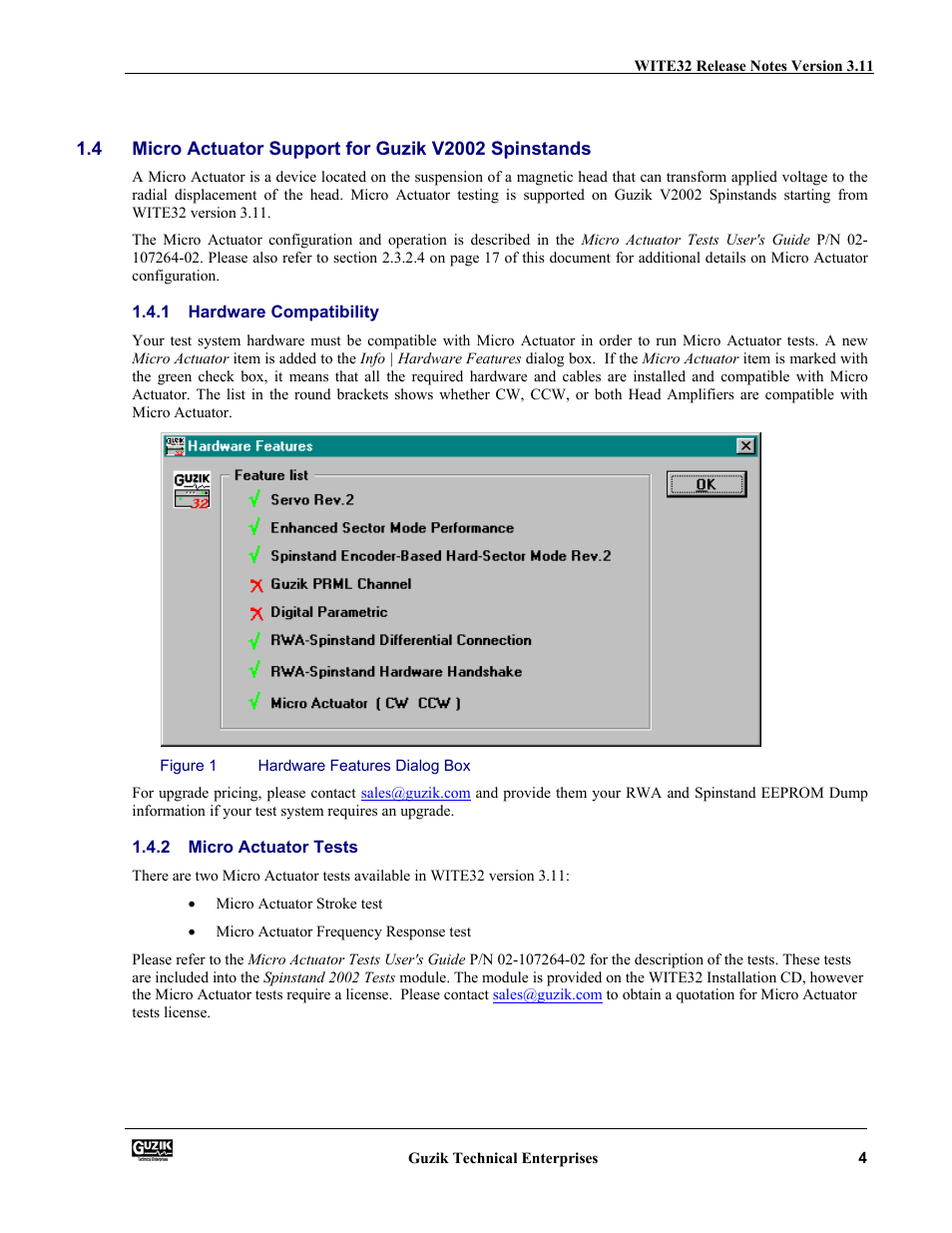 Micro actuator support for guzik v2002 spinstands, Hardware compatibility, Micro actuator tests | Canon WITE32 User Manual | Page 4 / 29