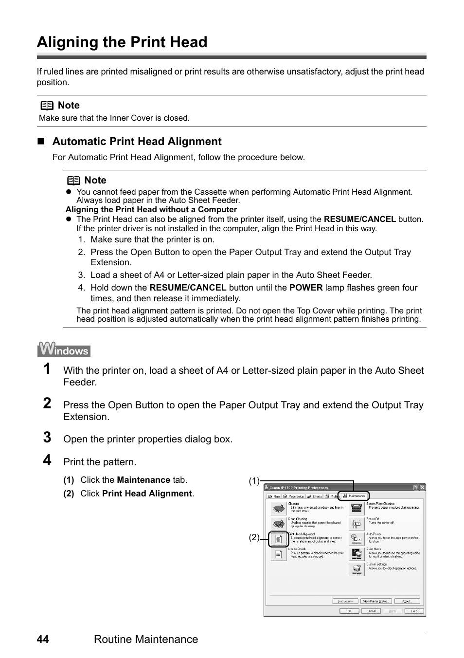 Aligning the print head | Canon Pixma  iP4300 User Manual | Page 48 / 102