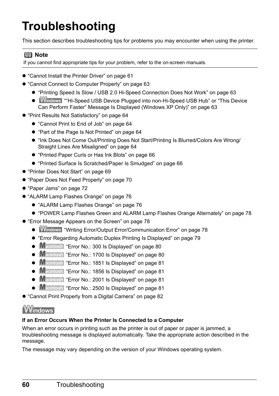 Troubleshooting, 60 troubleshooting | Canon Pixma  iP4300 User Manual | Page 64 / 102