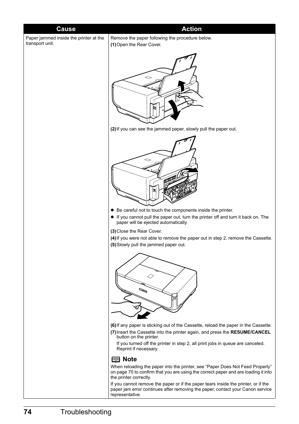 74 troubleshooting, Cause action | Canon Pixma  iP4300 User Manual | Page 78 / 102