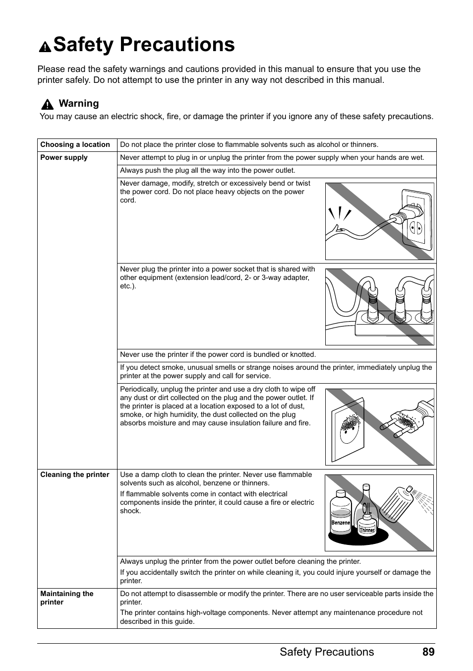 Safety precautions, 89 safety precautions | Canon Pixma  iP4300 User Manual | Page 93 / 102