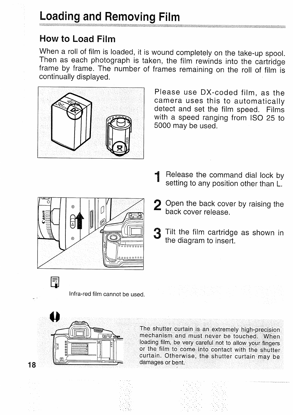 Loading and removing film | Canon EOS 5000 User Manual | Page 18 / 64