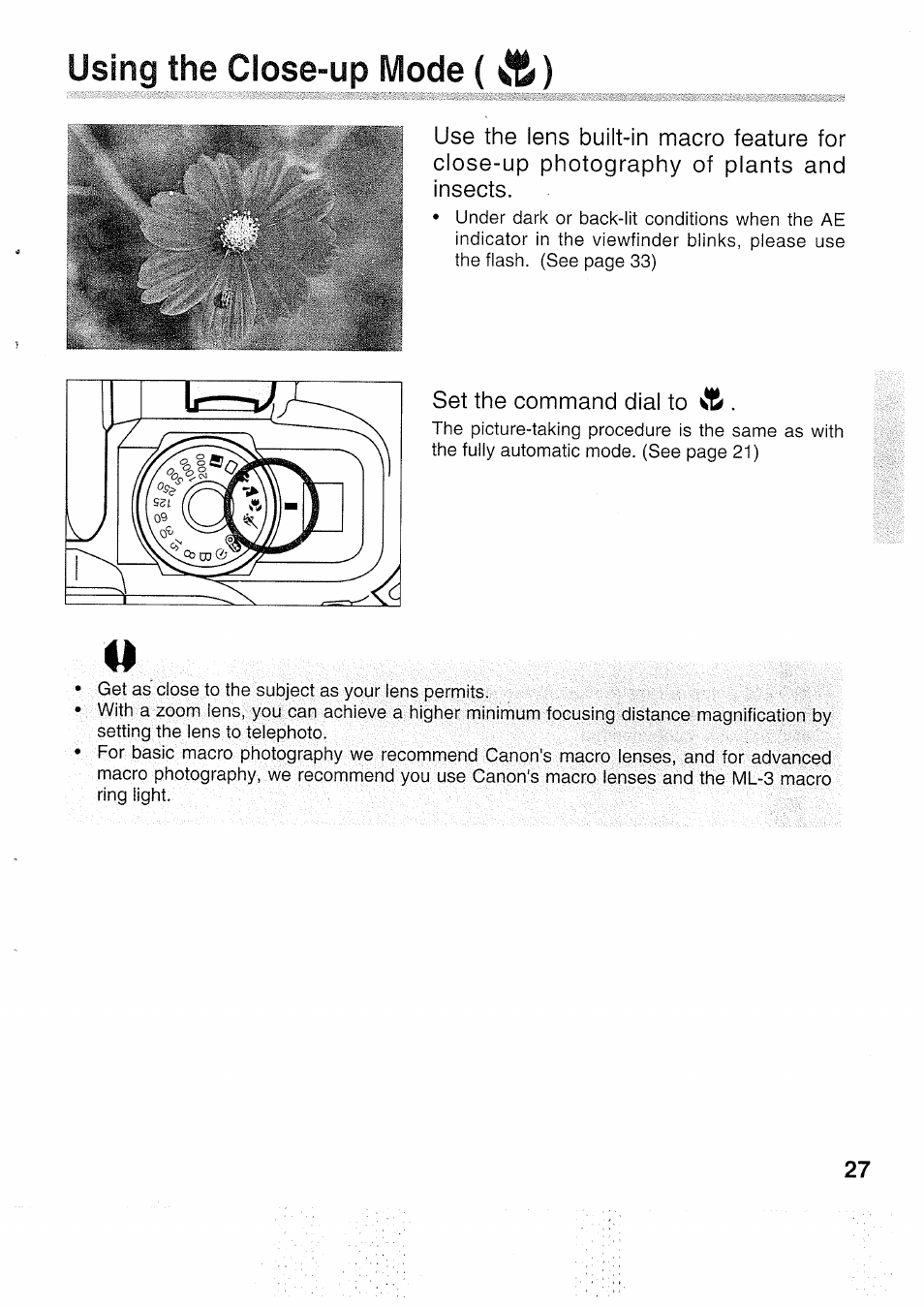 Using the close-up mode ( ^) | Canon EOS 5000 User Manual | Page 27 / 64
