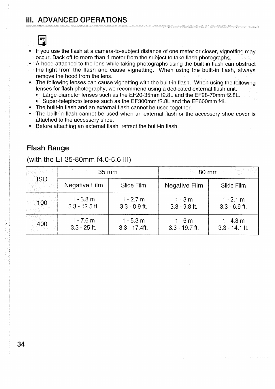 Flash range | Canon EOS 5000 User Manual | Page 34 / 64