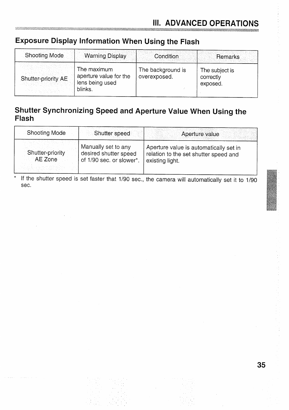 Exposure display information when using the flash, Iii. advanced operations | Canon EOS 5000 User Manual | Page 35 / 64