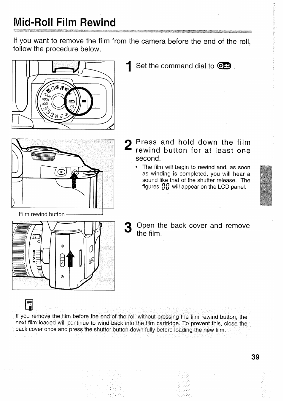 Mid-roll film rewind | Canon EOS 5000 User Manual | Page 39 / 64