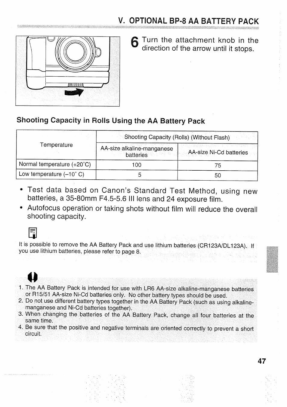V. optional bp-8 âa battery pack | Canon EOS 5000 User Manual | Page 47 / 64