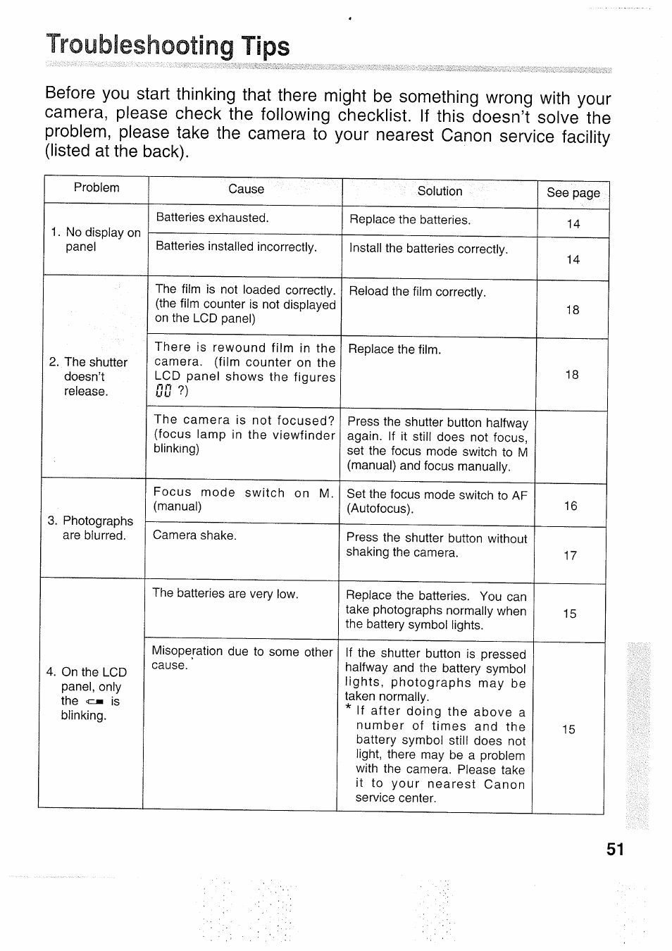Troubleshooting tips | Canon EOS 5000 User Manual | Page 51 / 64