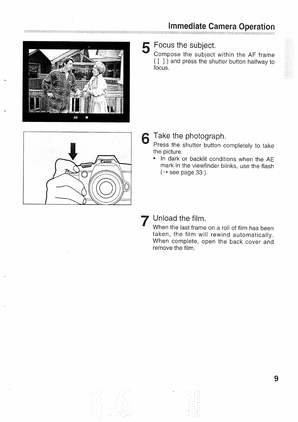 Focus the subject, Take the photograph, Unload the filnn | Canon EOS 5000 User Manual | Page 9 / 64