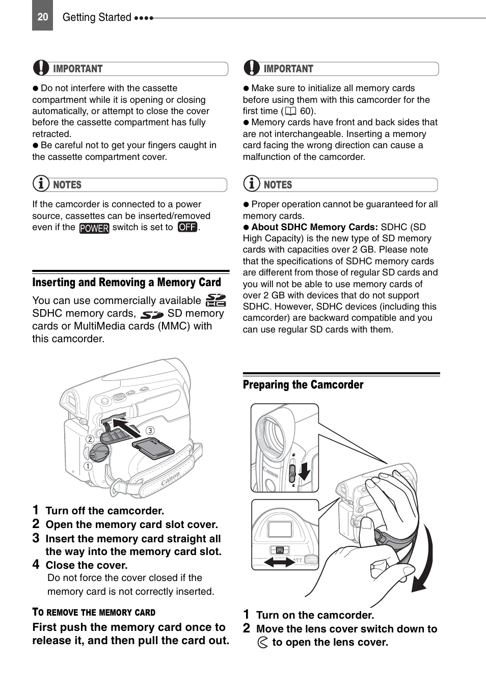 Inserting and removing a memory card, Preparing the camcorder | Canon DIGITAL VIDEO CAMCORDER MD130 User Manual | Page 20 / 94