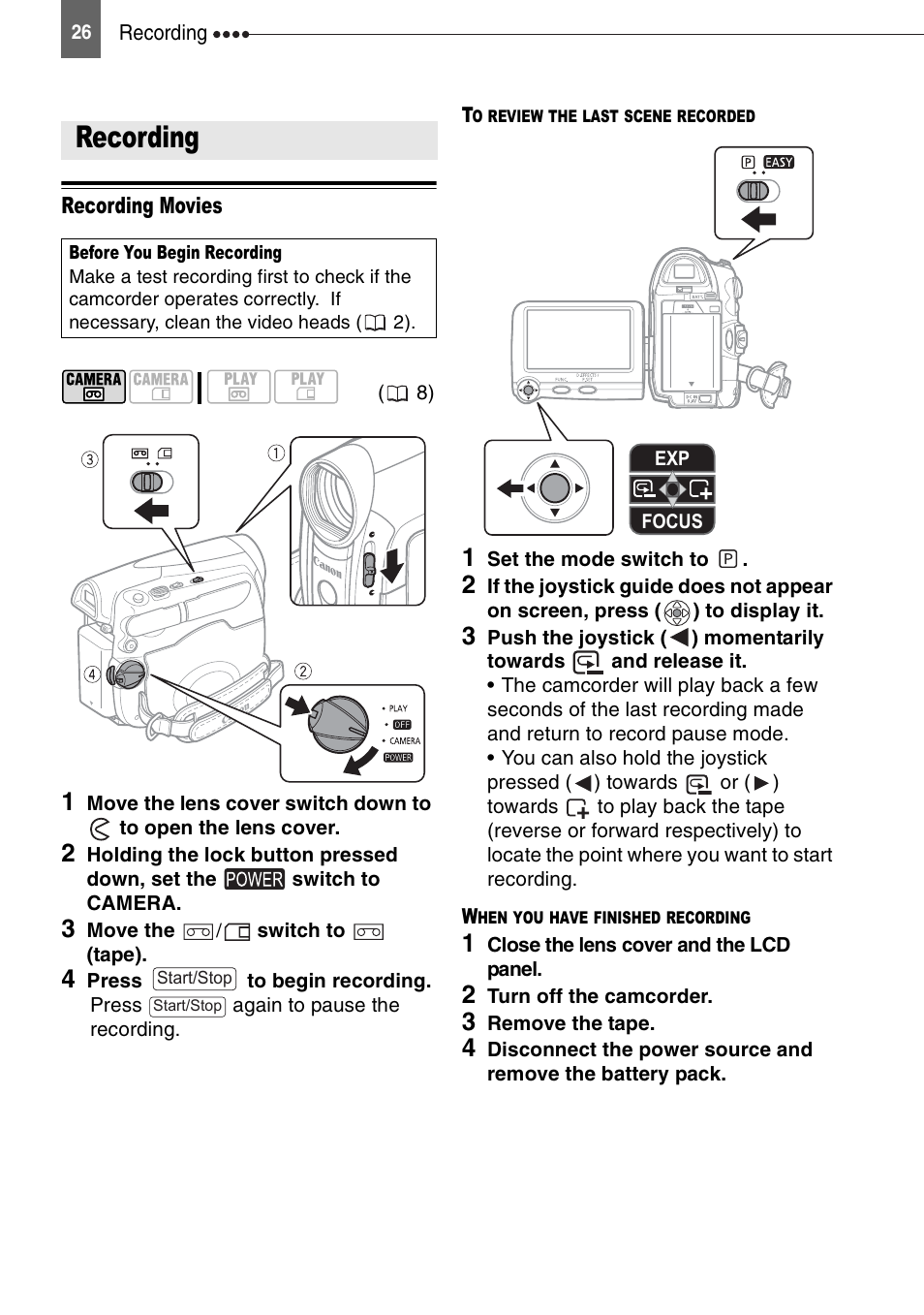 Basic functions, Recording, Recording movies | Canon DIGITAL VIDEO CAMCORDER MD130 User Manual | Page 26 / 94