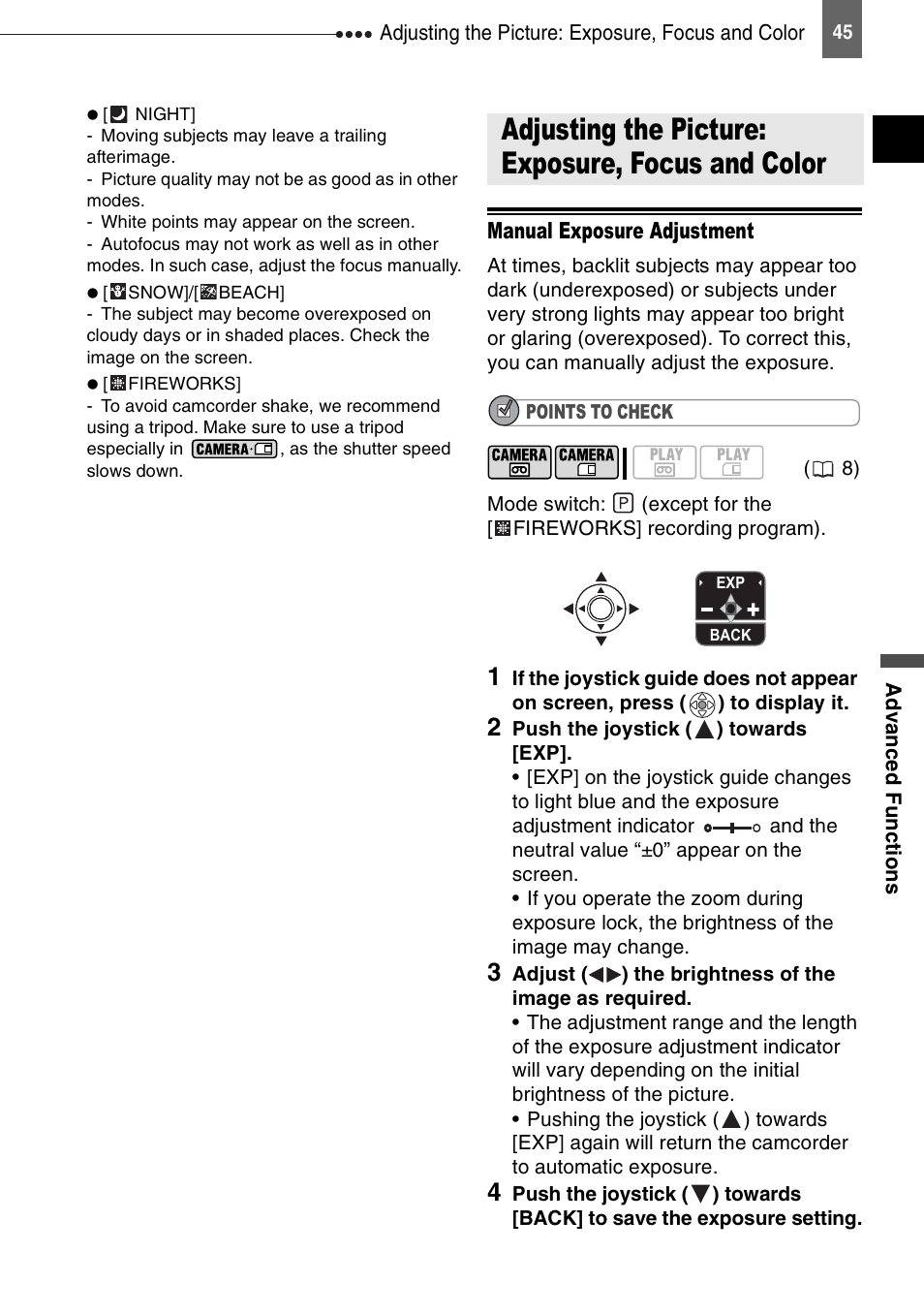 Adjusting the picture: exposure, focus and color, Manual exposure adjustment | Canon DIGITAL VIDEO CAMCORDER MD130 User Manual | Page 45 / 94