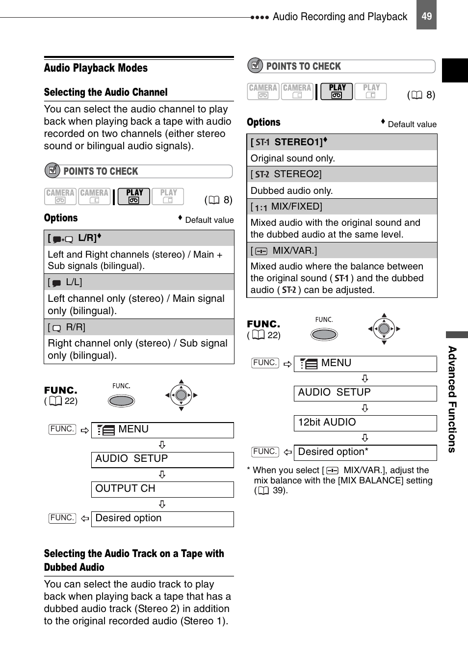 Audio playback modes | Canon DIGITAL VIDEO CAMCORDER MD130 User Manual | Page 49 / 94