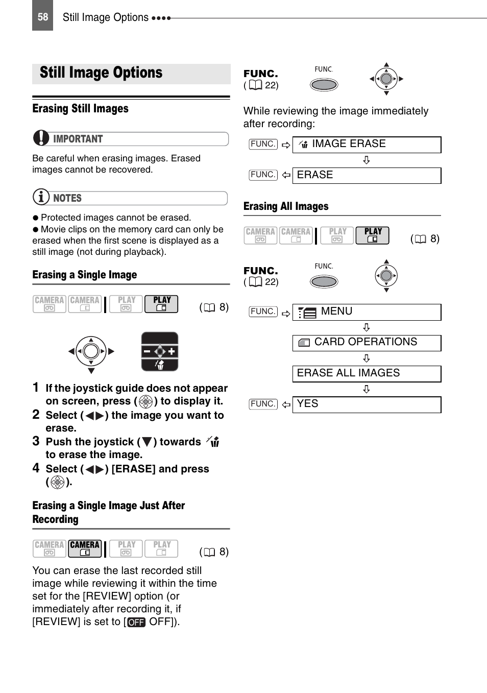 Editing functions, Still image options, Erasing still images | Canon DIGITAL VIDEO CAMCORDER MD130 User Manual | Page 58 / 94