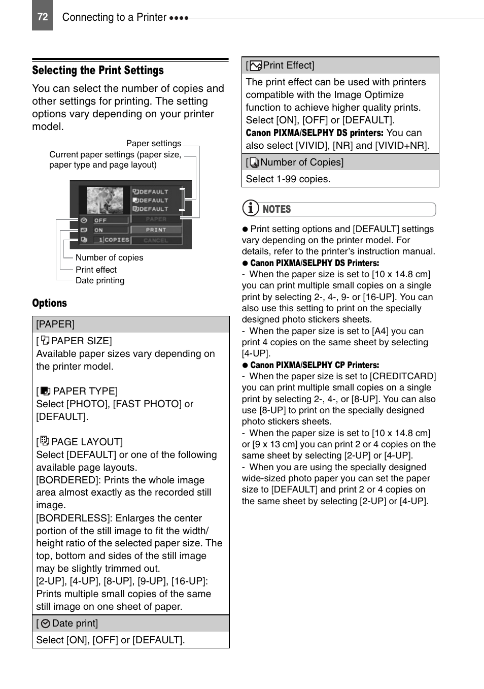 Selecting the print settings | Canon DIGITAL VIDEO CAMCORDER MD130 User Manual | Page 72 / 94