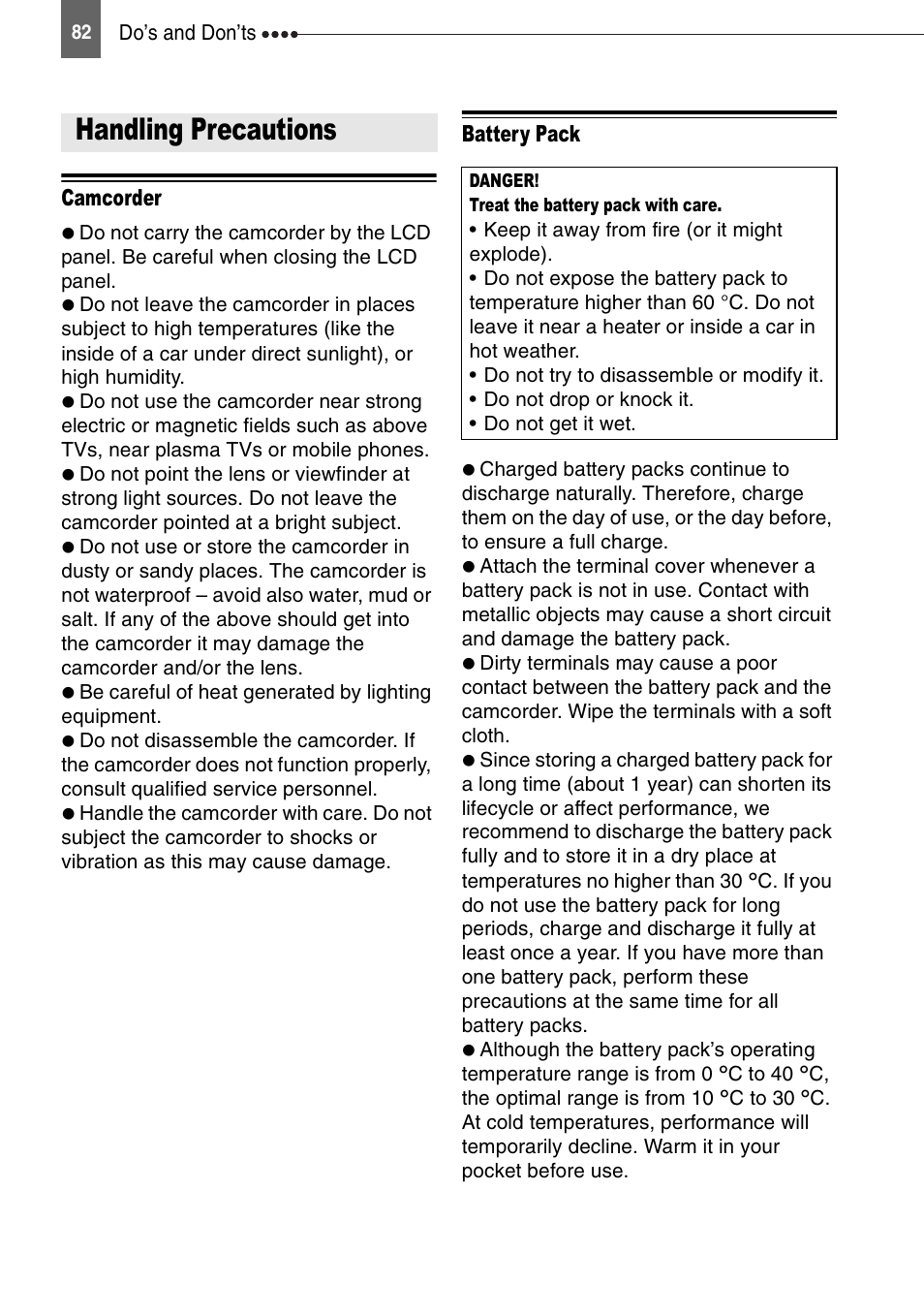 Do’s and don’ts, Handling precautions | Canon DIGITAL VIDEO CAMCORDER MD130 User Manual | Page 82 / 94