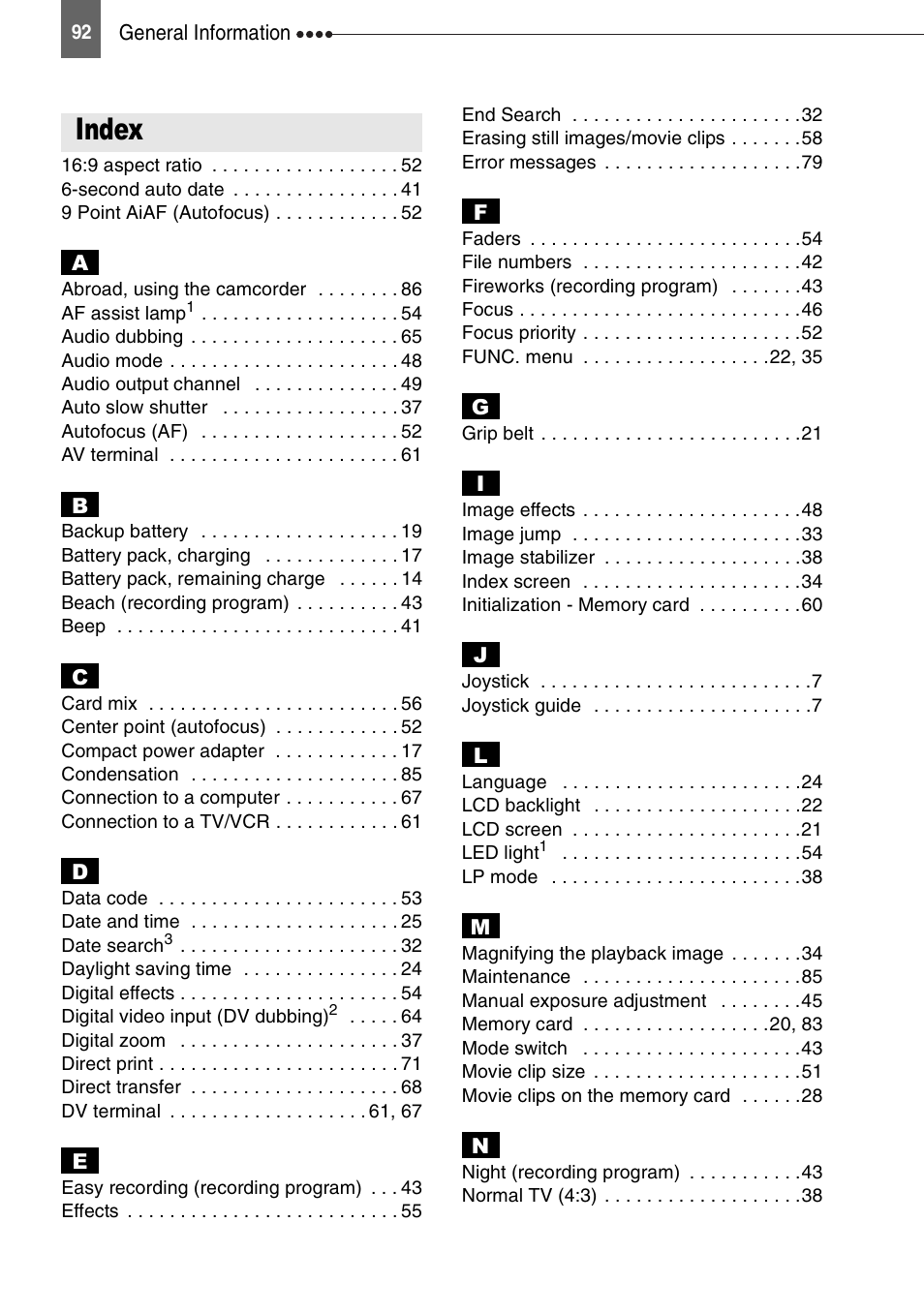 Index | Canon DIGITAL VIDEO CAMCORDER MD130 User Manual | Page 92 / 94