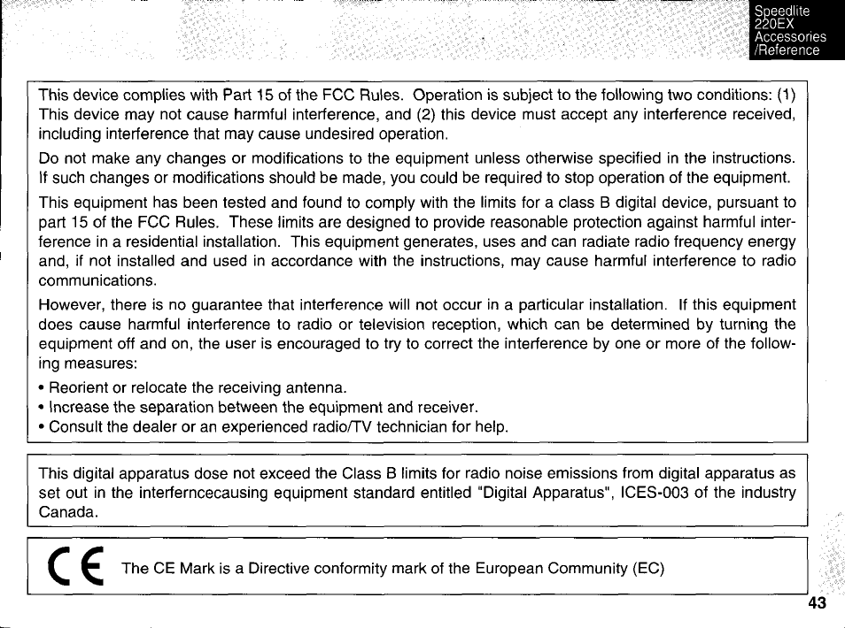 Speedlite 220ex feature availability, Speedliie 220ex accessories /reference | Canon 220EX User Manual | Page 43 / 47