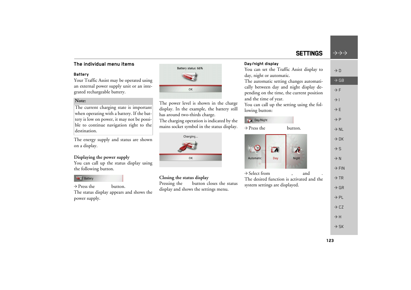 The individual menu items, Battery, Day/night display | Settings | Becker TRAFFIC ASSIST Z217 User Manual | Page 123 / 138