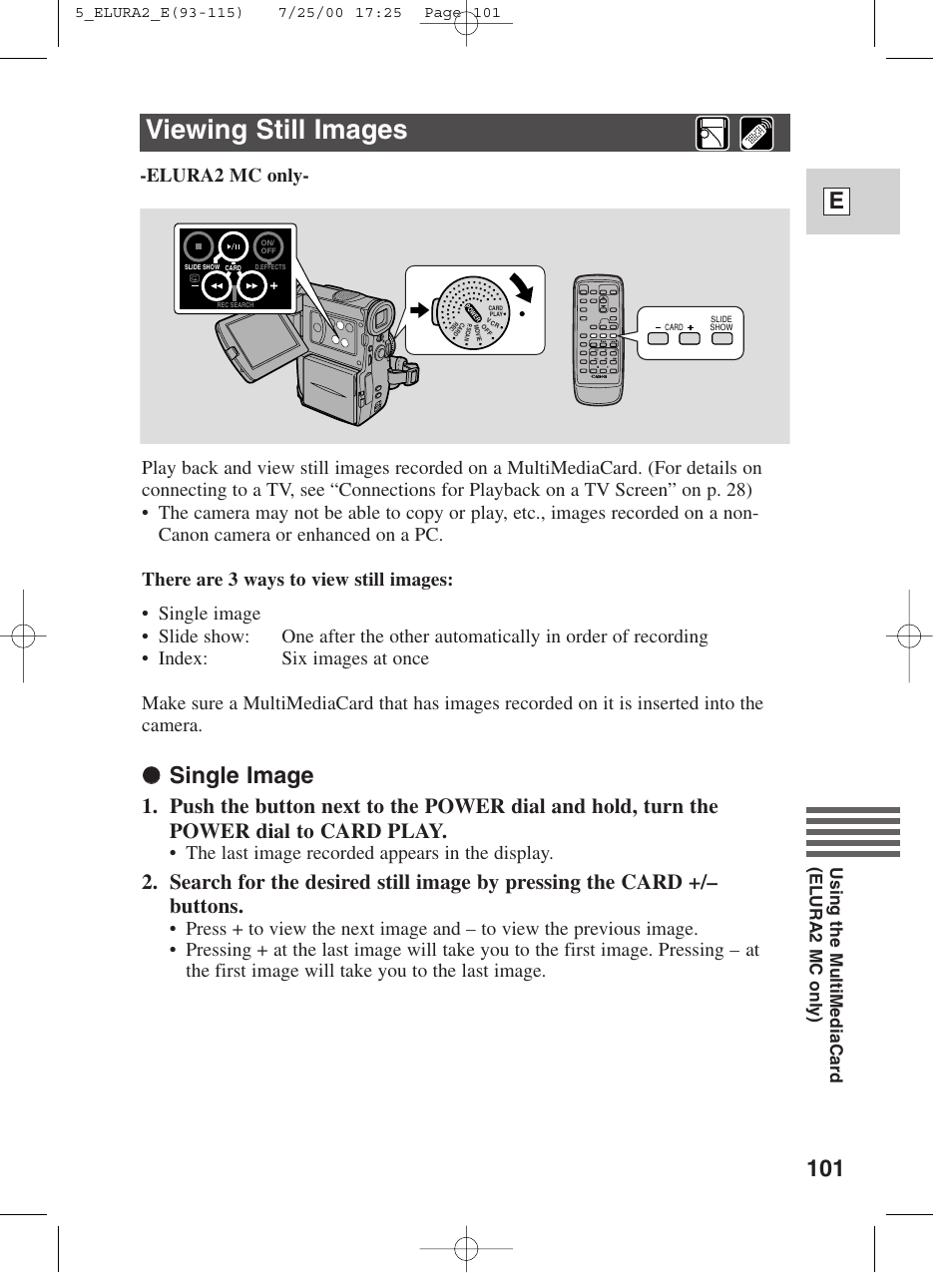 Viewing still images, 101 e, Single image | Elura2 mc only, The last image recorded appears in the display, Using the multimediacard (elura2 mc only) | Canon Elura 2 MC User Manual | Page 101 / 147