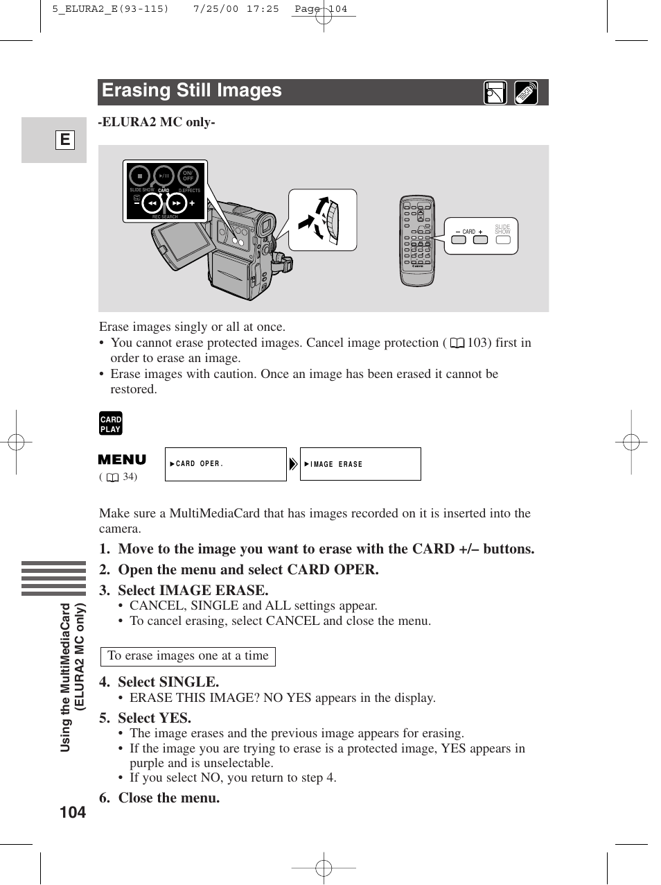 Erasing still images, 104 e, Select single | Select yes, Close the menu | Canon Elura 2 MC User Manual | Page 104 / 147