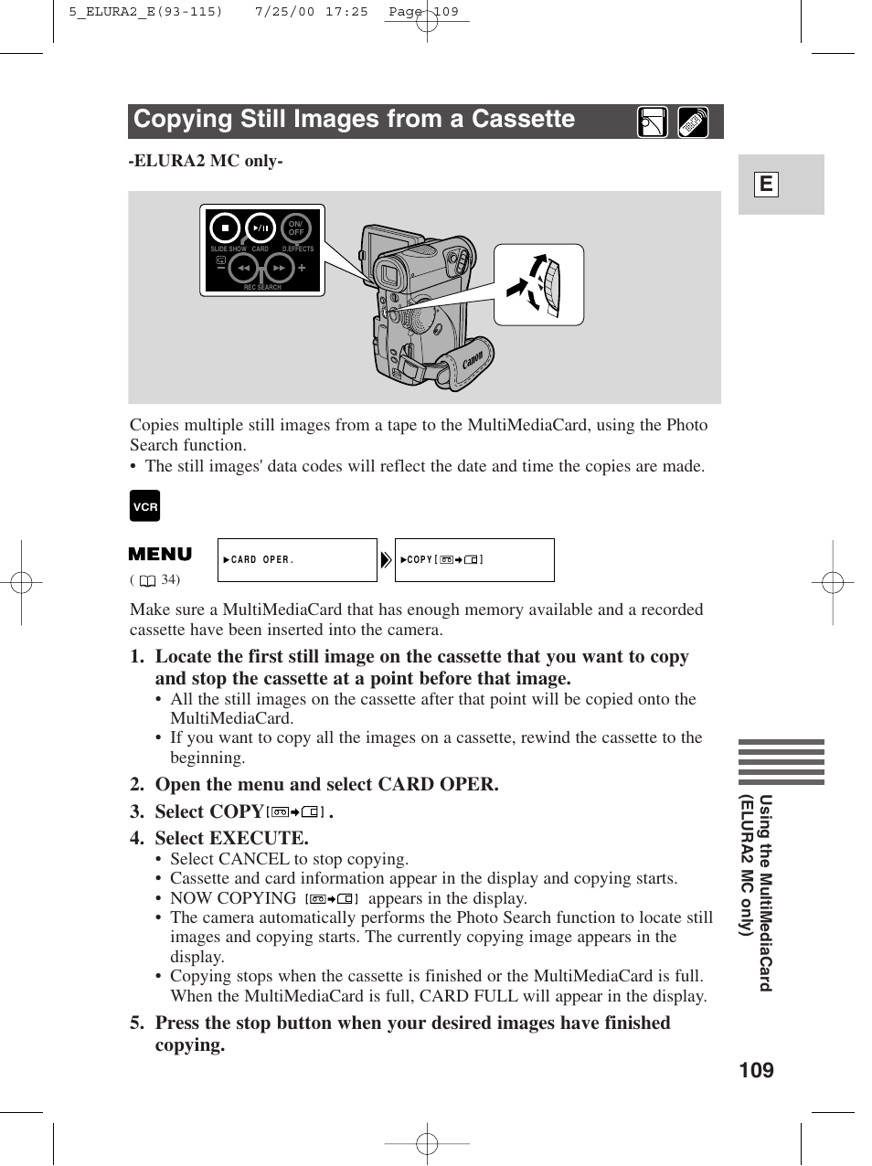 Copying still images from a cassette, 109 e | Canon Elura 2 MC User Manual | Page 109 / 147