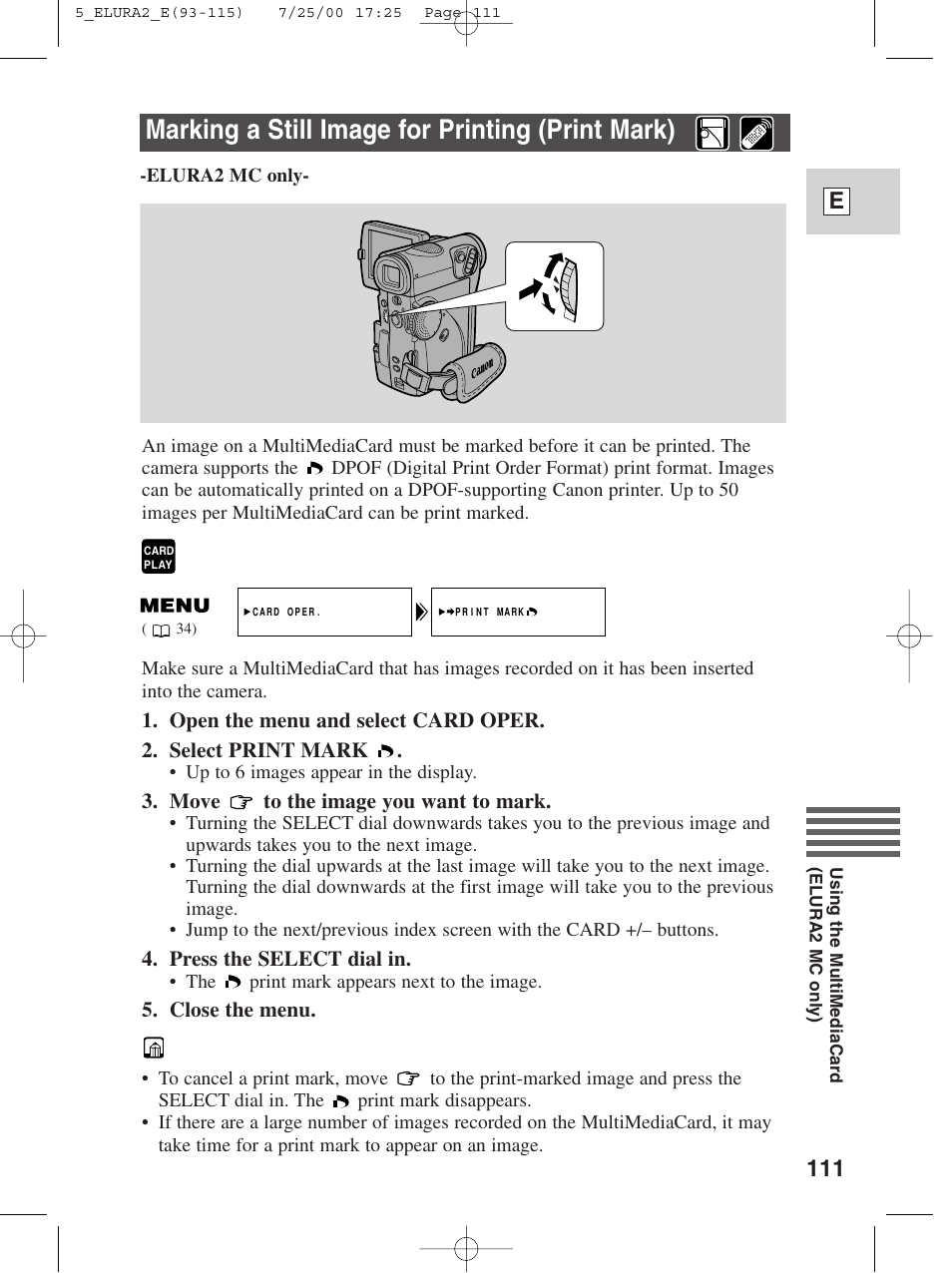 Marking a still image for printing (print mark), 111 e | Canon Elura 2 MC User Manual | Page 111 / 147