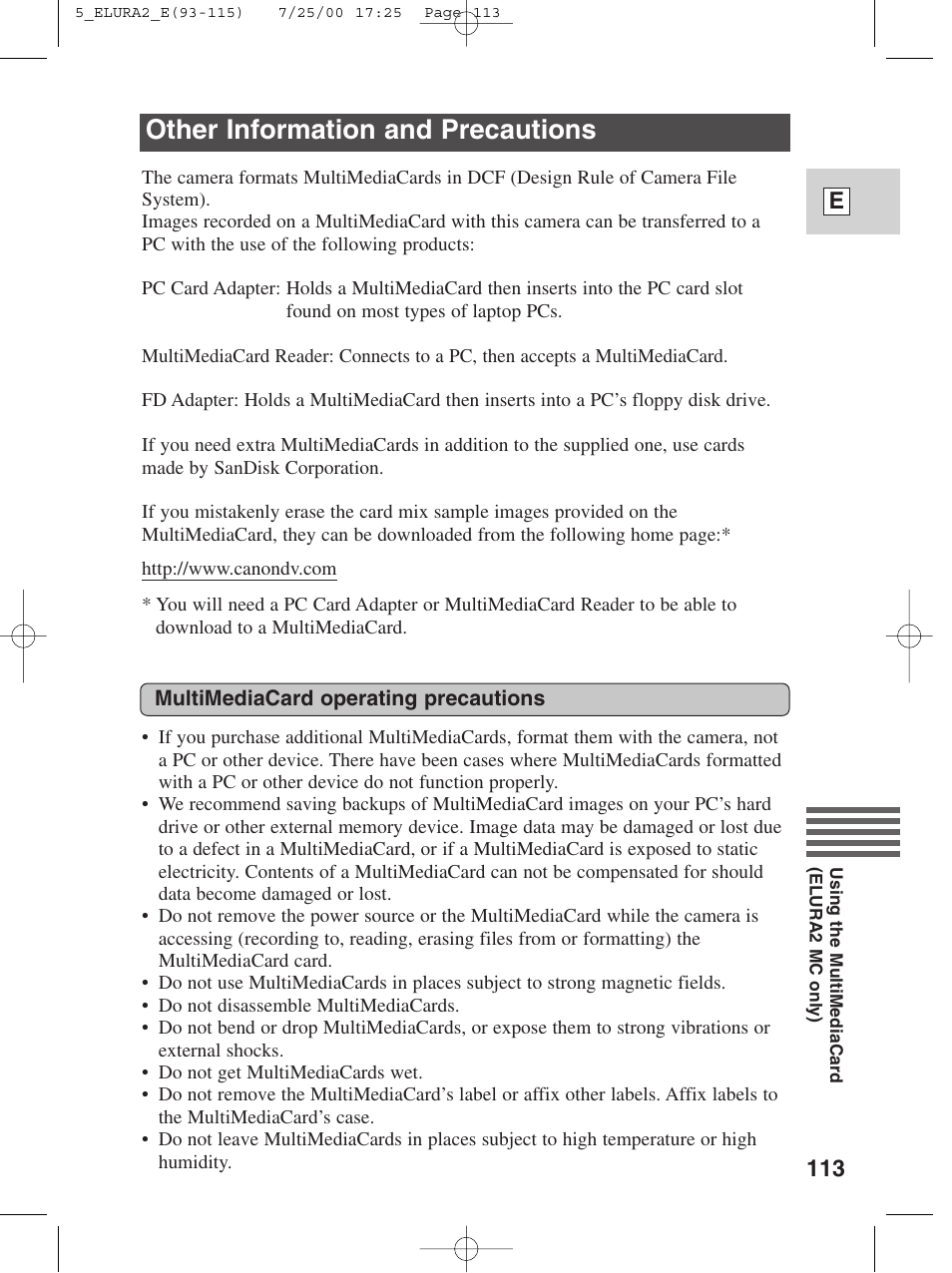 Other information and precautions, 113 e | Canon Elura 2 MC User Manual | Page 113 / 147