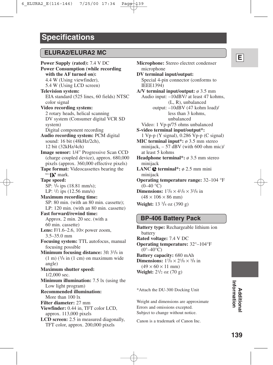 Specifications, 139 e, Elura2/elura2 mc | Bp-406 battery pack | Canon Elura 2 MC User Manual | Page 139 / 147