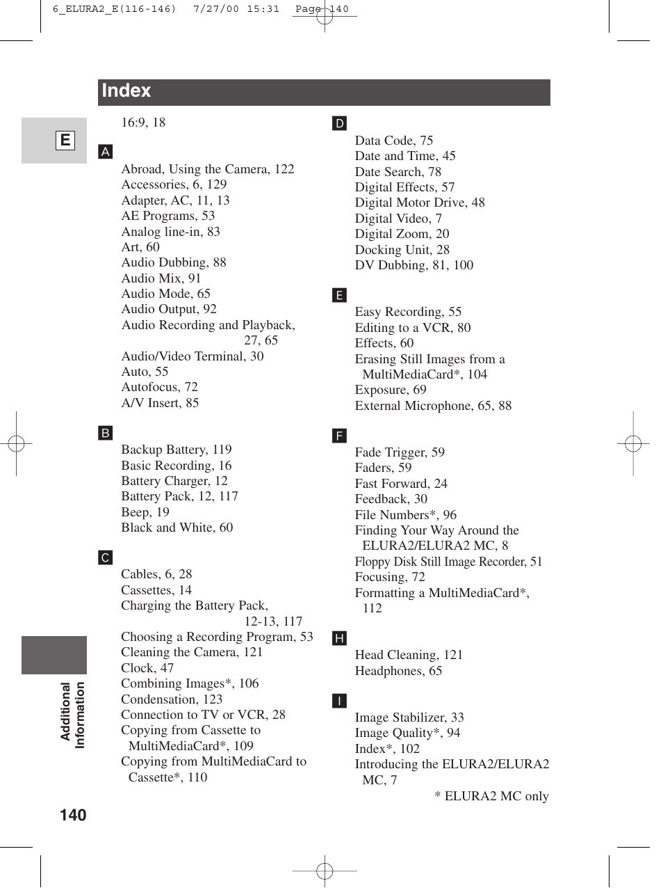 Index | Canon Elura 2 MC User Manual | Page 140 / 147