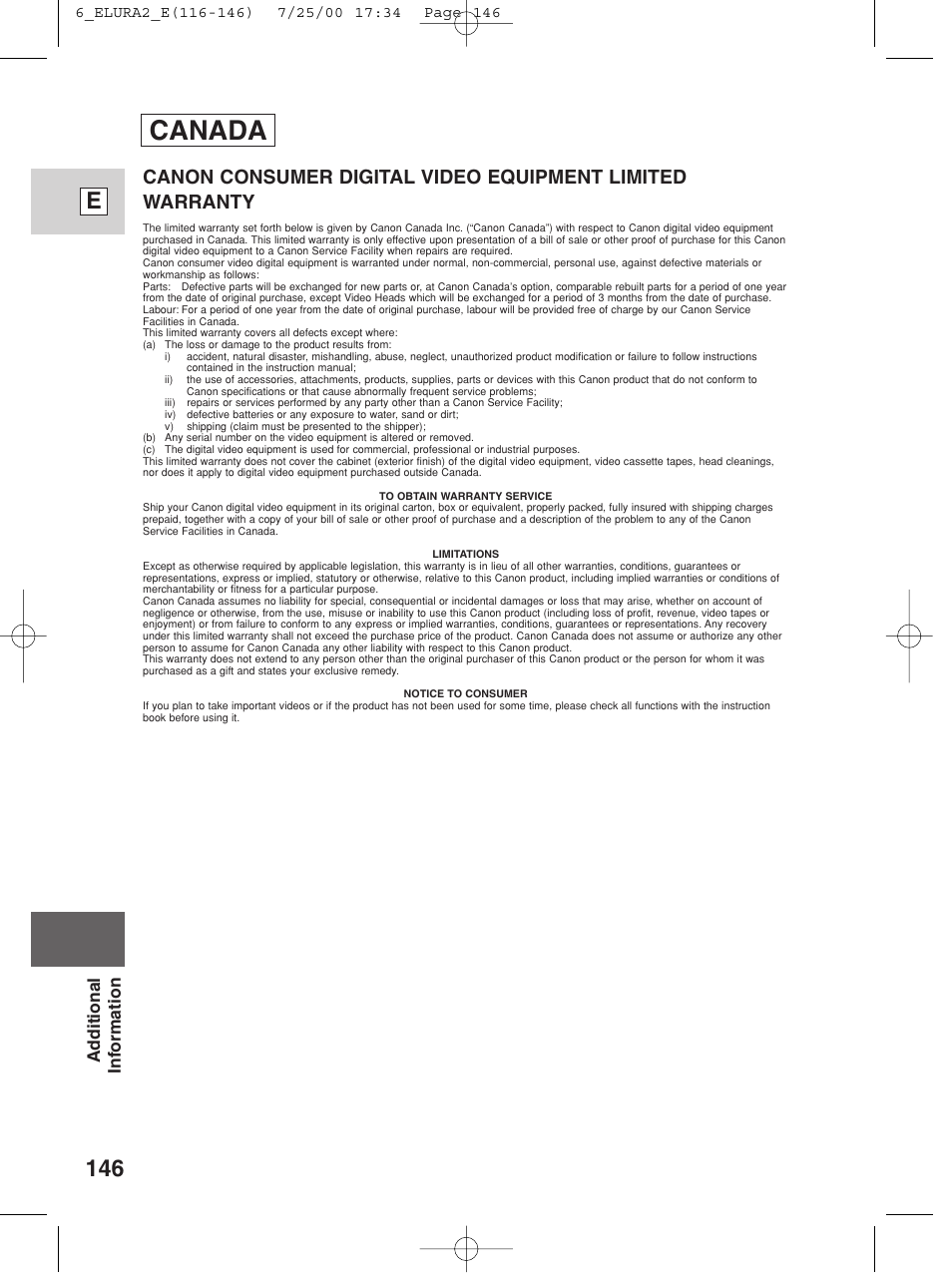 Canada, 146 e, Additional information | Canon Elura 2 MC User Manual | Page 146 / 147