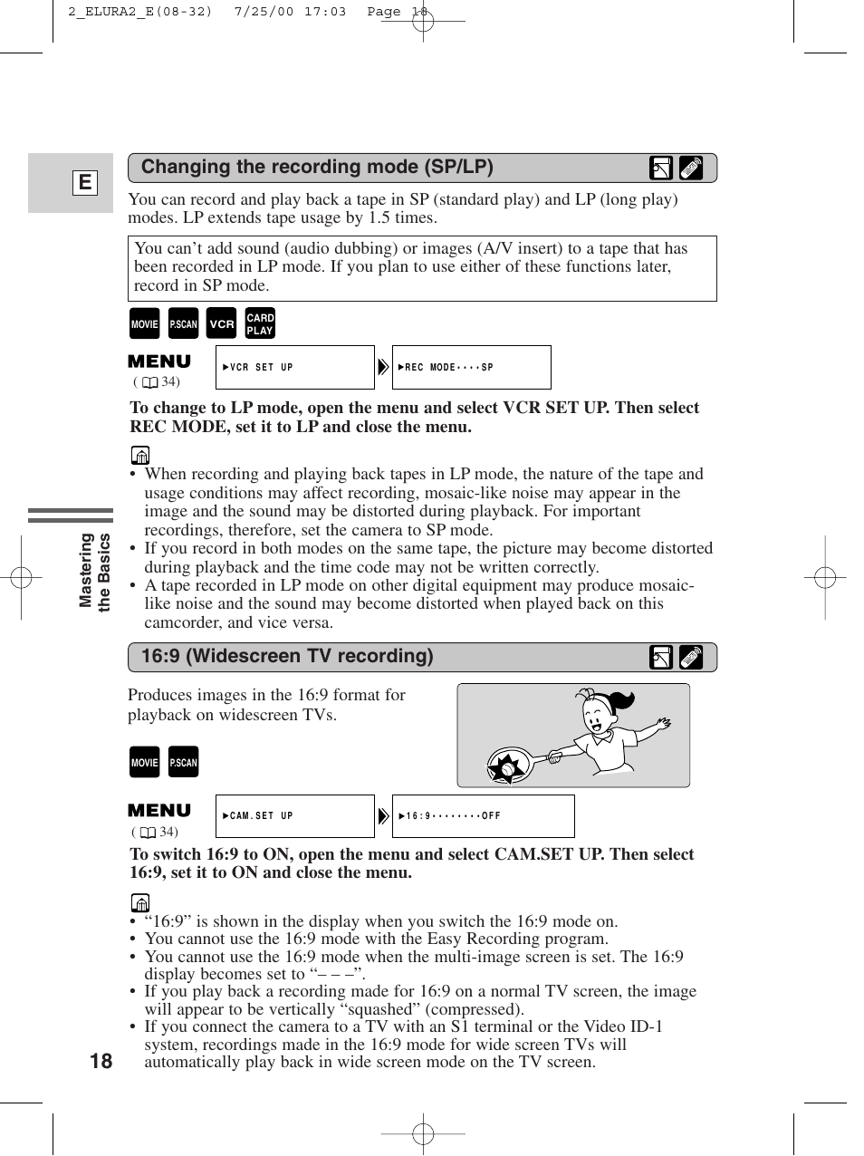 18 e, Changing the recording mode (sp/lp), 9 (widescreen tv recording) | Canon Elura 2 MC User Manual | Page 18 / 147