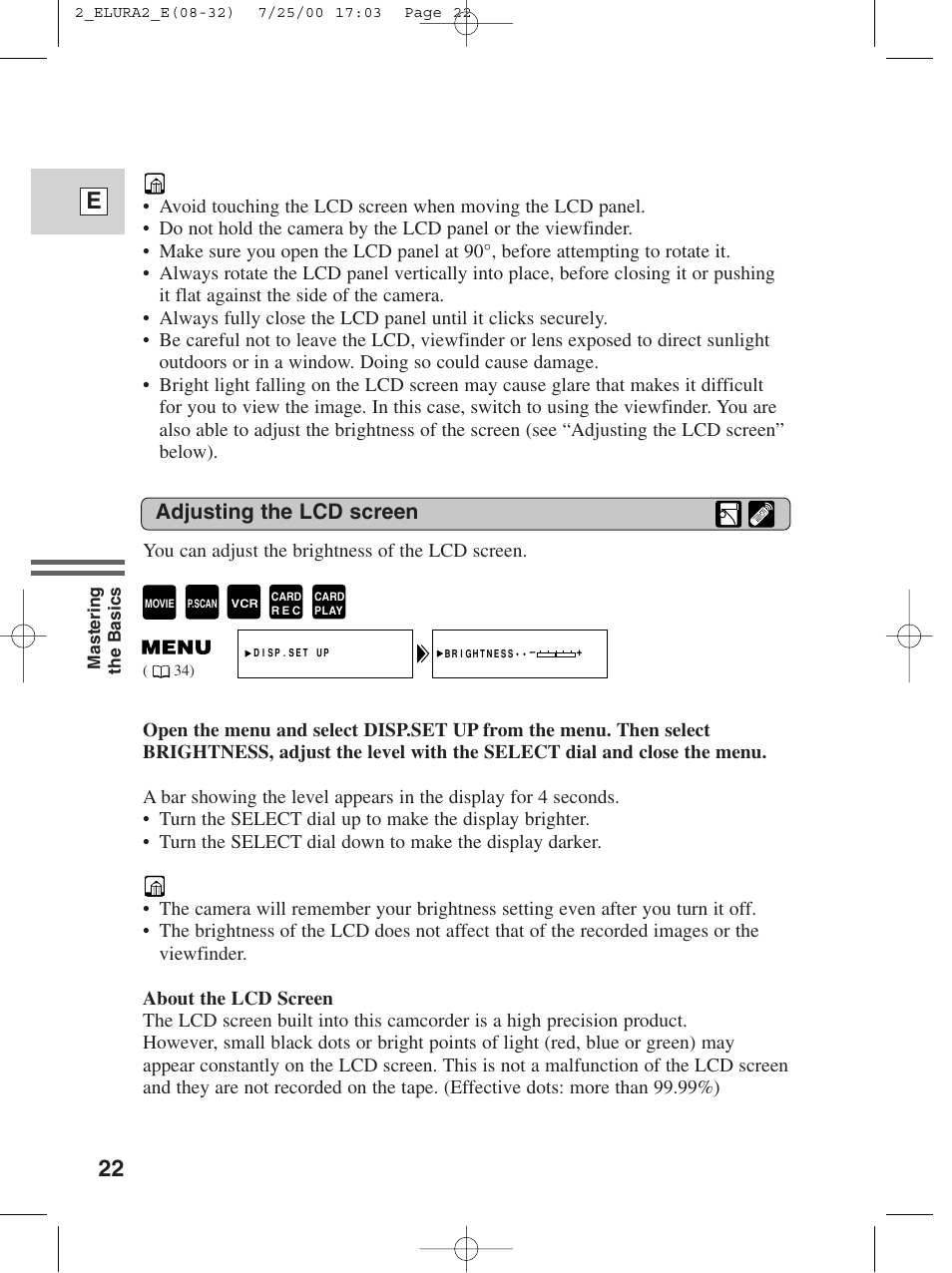 22 e, Adjusting the lcd screen | Canon Elura 2 MC User Manual | Page 22 / 147