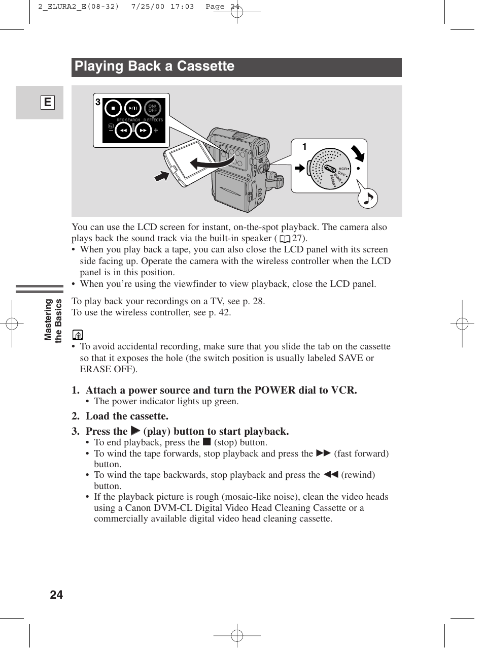 Playing back a cassette, 24 e | Canon Elura 2 MC User Manual | Page 24 / 147