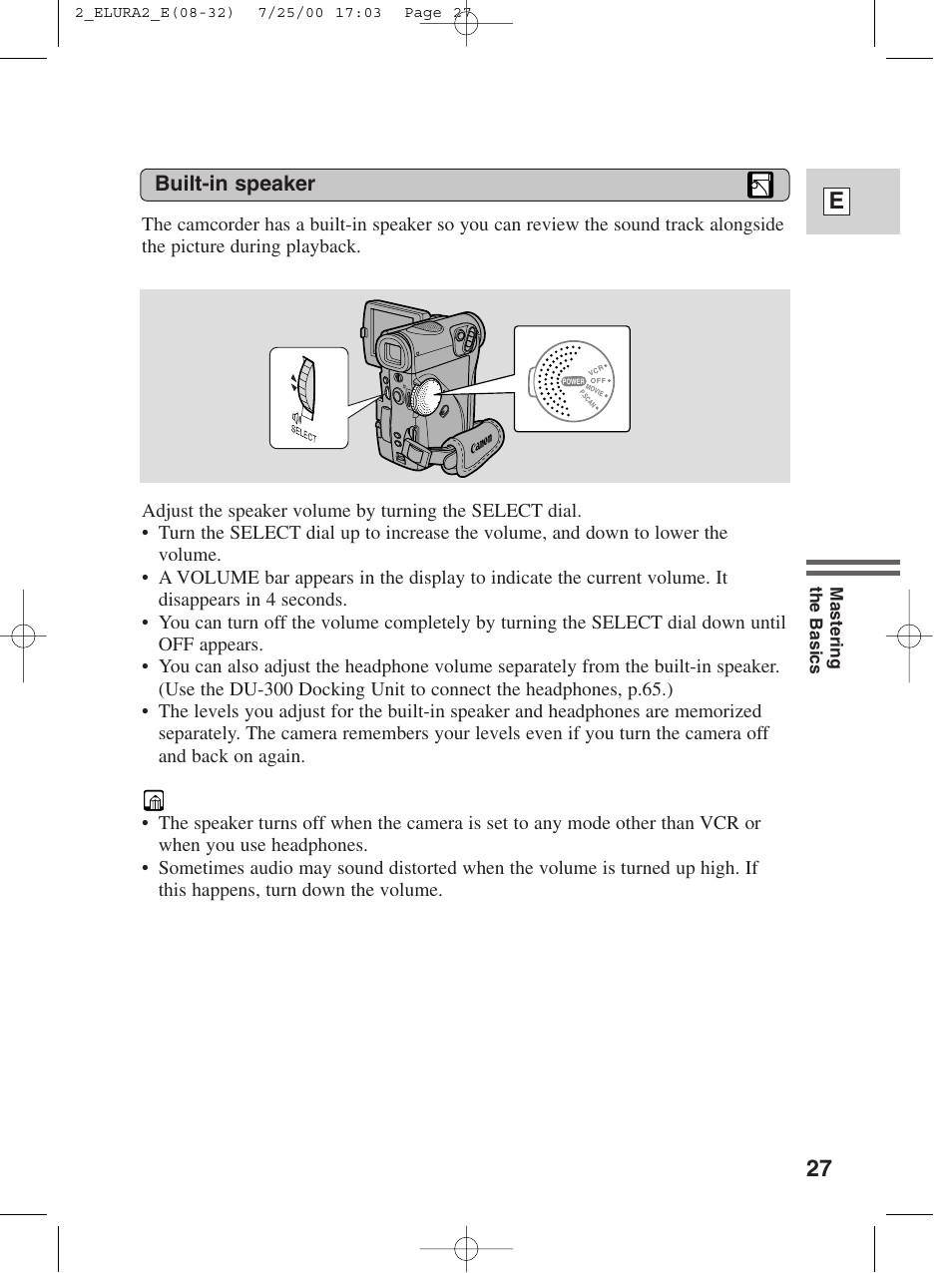 27 e, Built-in speaker | Canon Elura 2 MC User Manual | Page 27 / 147