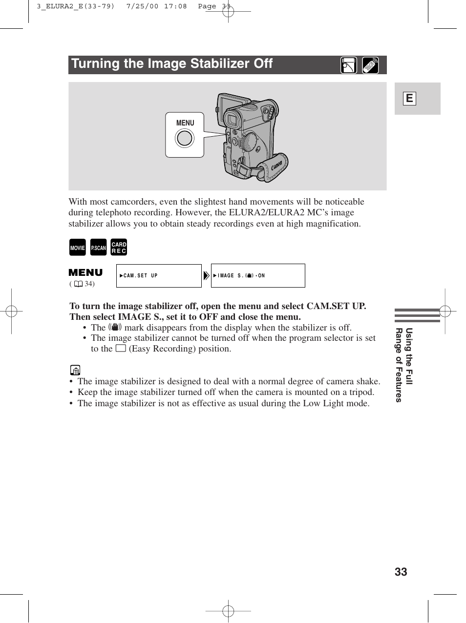 Turning the image stabilizer off, 33 e | Canon Elura 2 MC User Manual | Page 33 / 147