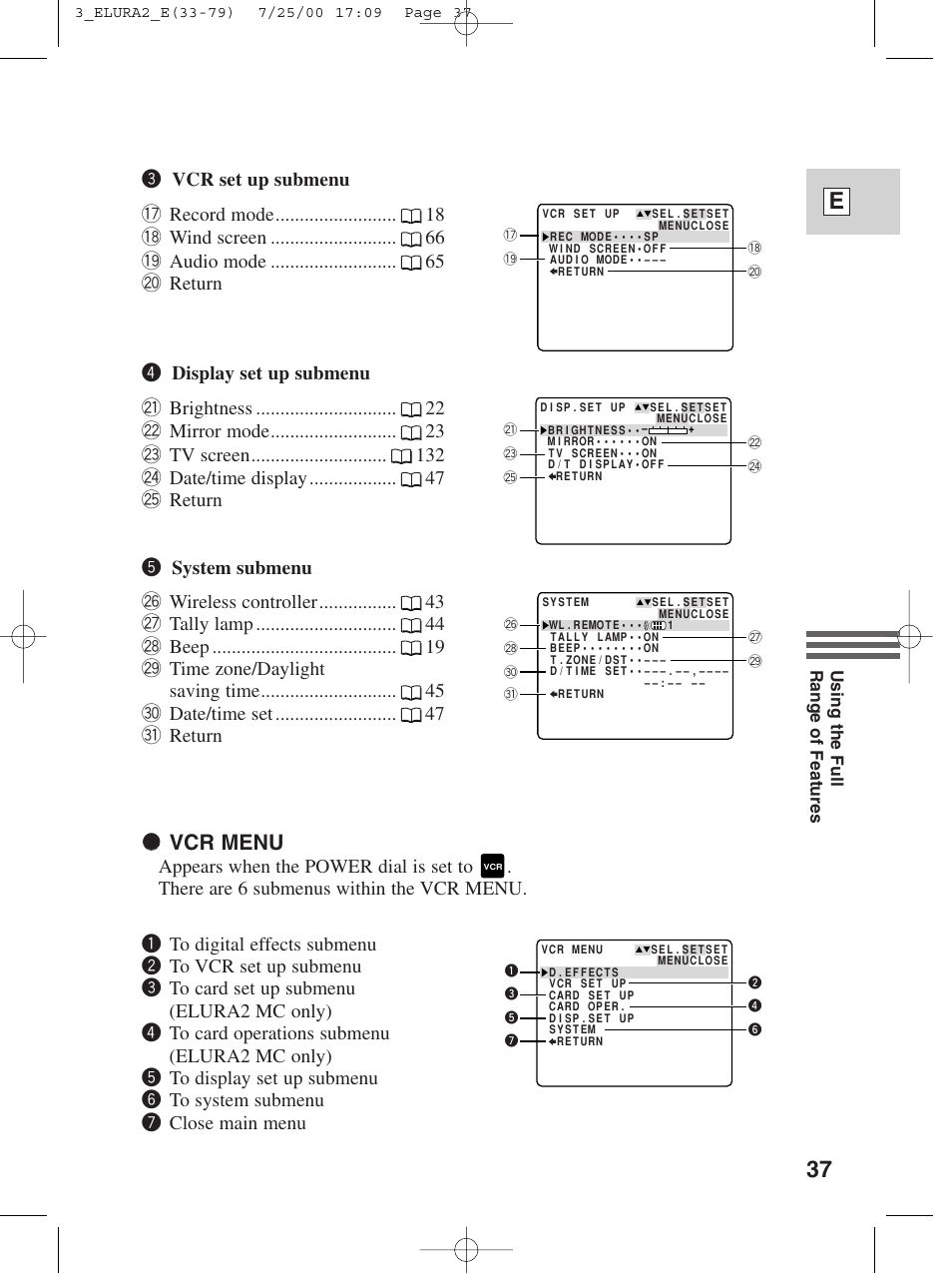 37 e, 22 vcr menu | Canon Elura 2 MC User Manual | Page 37 / 147