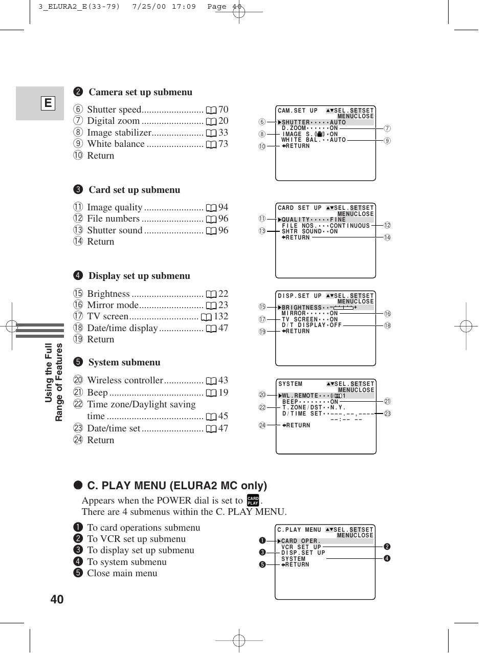 40 e, 22 c. play menu (elura2 mc only) | Canon Elura 2 MC User Manual | Page 40 / 147