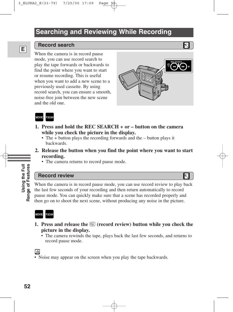 Searching and reviewing while recording, 52 e | Canon Elura 2 MC User Manual | Page 52 / 147