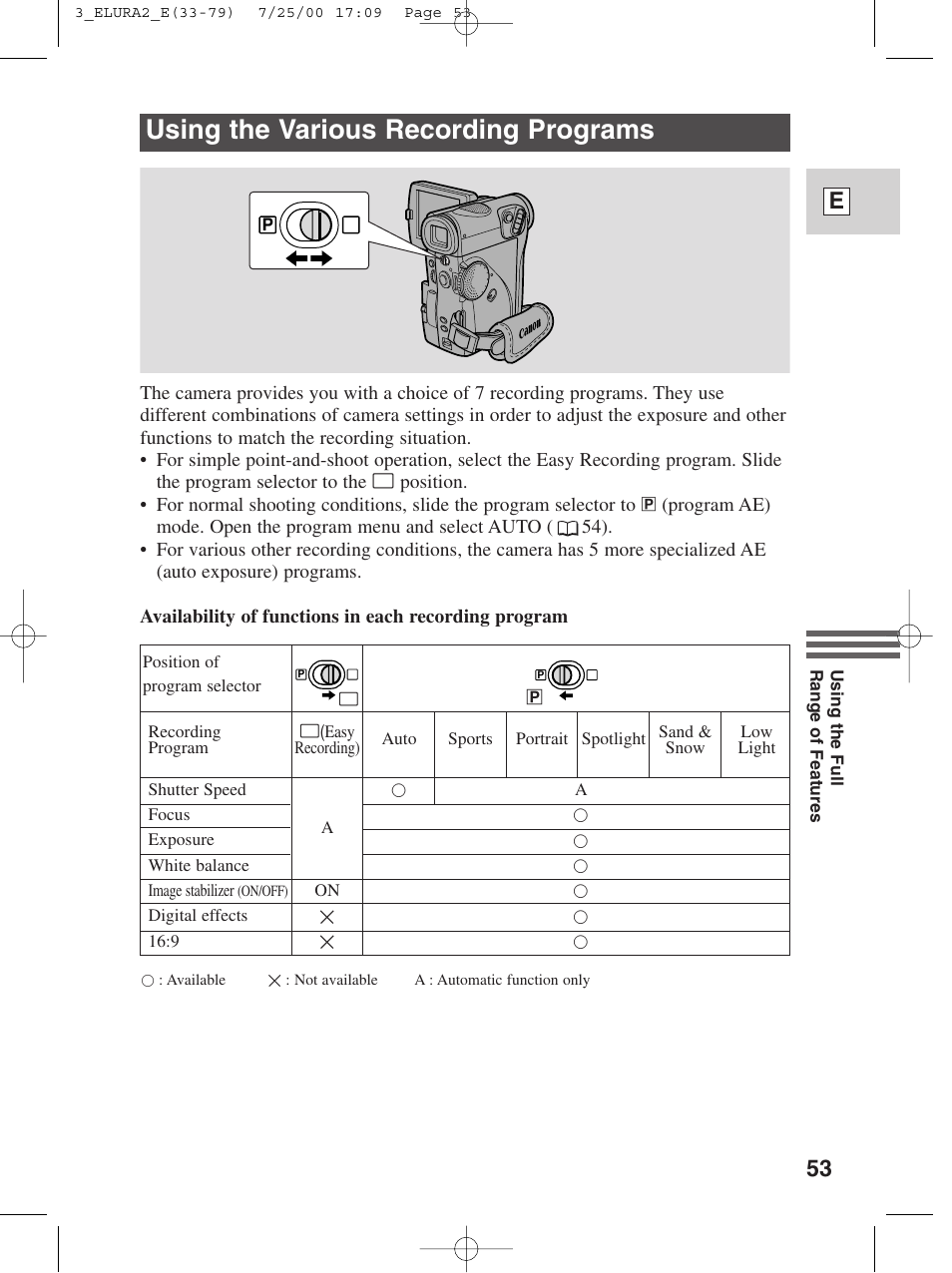 Using the various recording programs, 53 e | Canon Elura 2 MC User Manual | Page 53 / 147