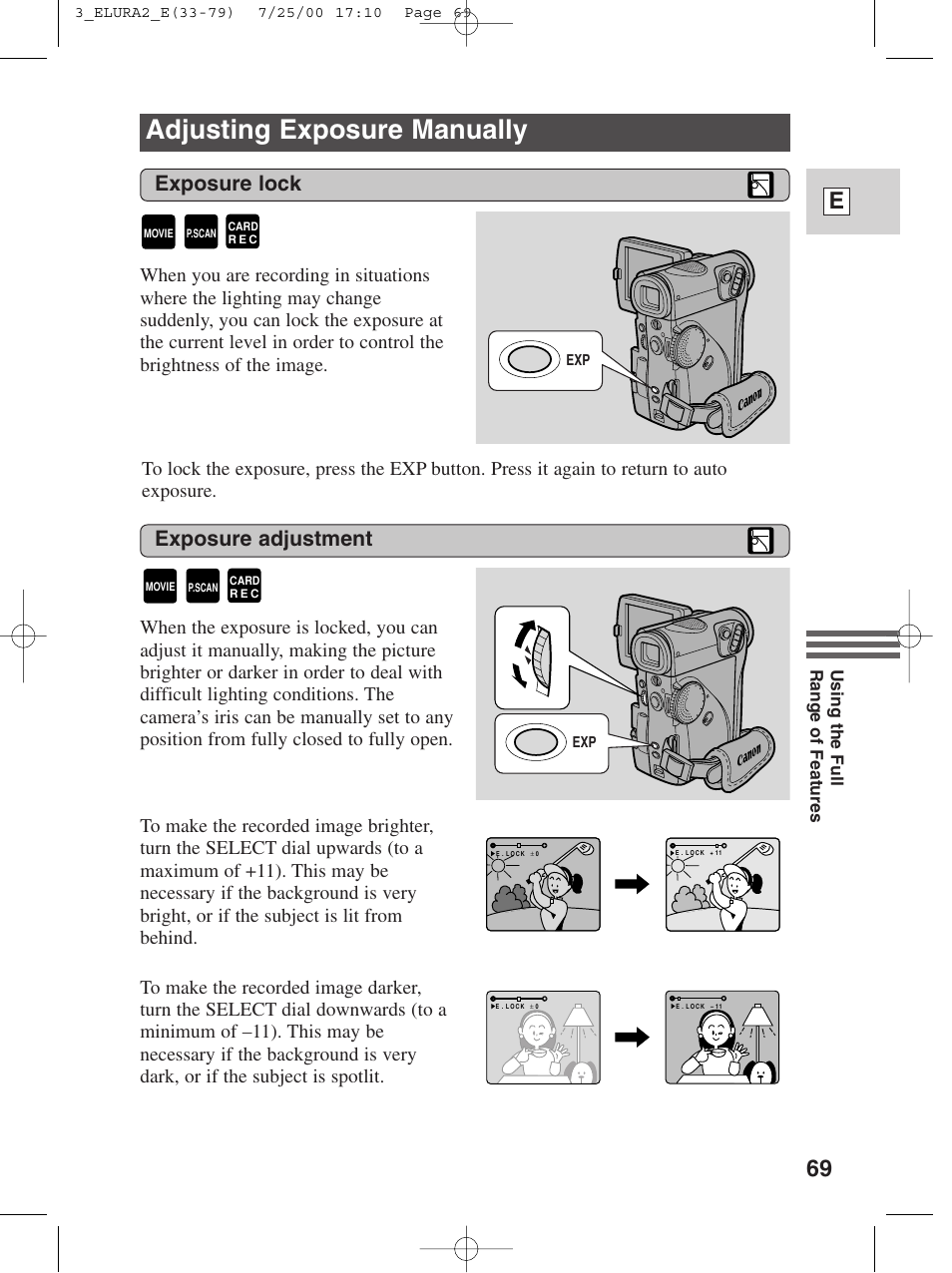 Adjusting exposure manually, 69 e, Exposure lock exposure adjustment | Canon Elura 2 MC User Manual | Page 69 / 147