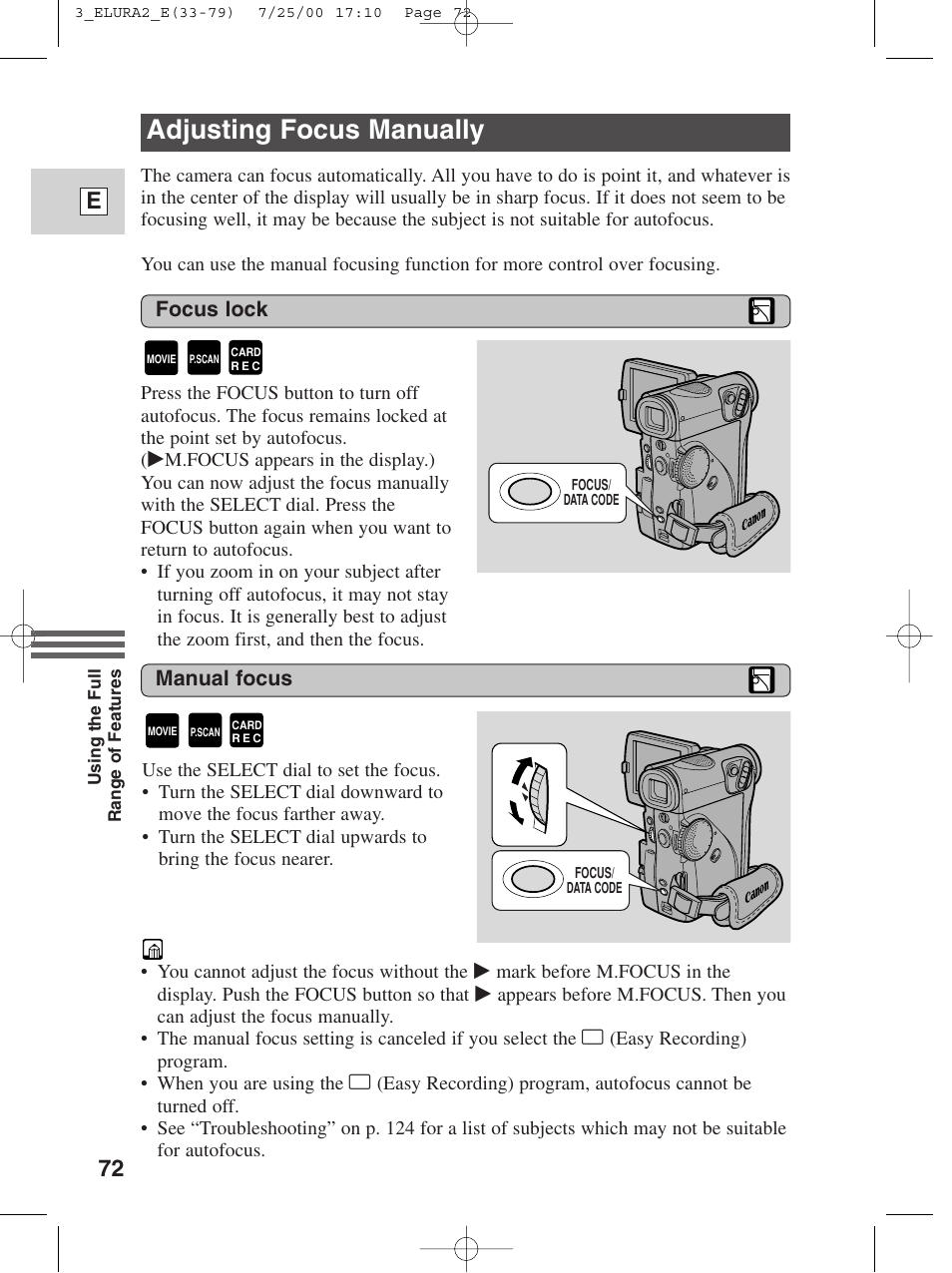Adjusting focus manually, 72 e, Manual focus | Focus lock | Canon Elura 2 MC User Manual | Page 72 / 147