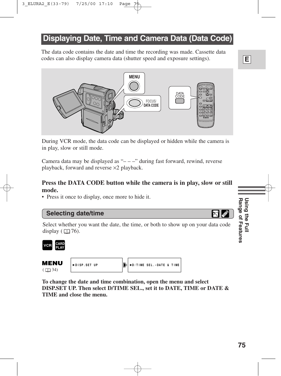 Displaying date, time and camera data (data code), 75 e, Selecting date/time | Canon Elura 2 MC User Manual | Page 75 / 147
