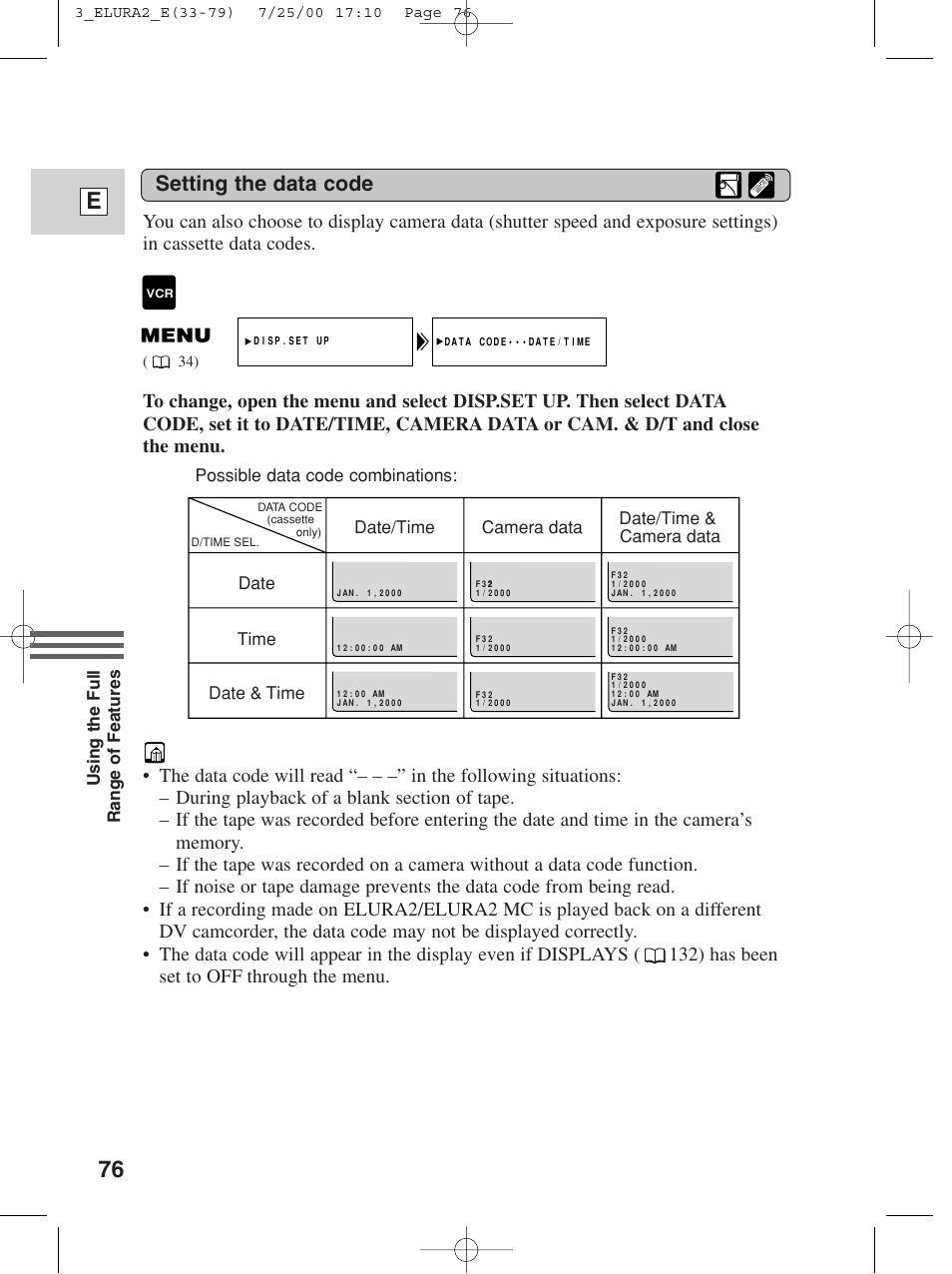 76 e, Setting the data code | Canon Elura 2 MC User Manual | Page 76 / 147