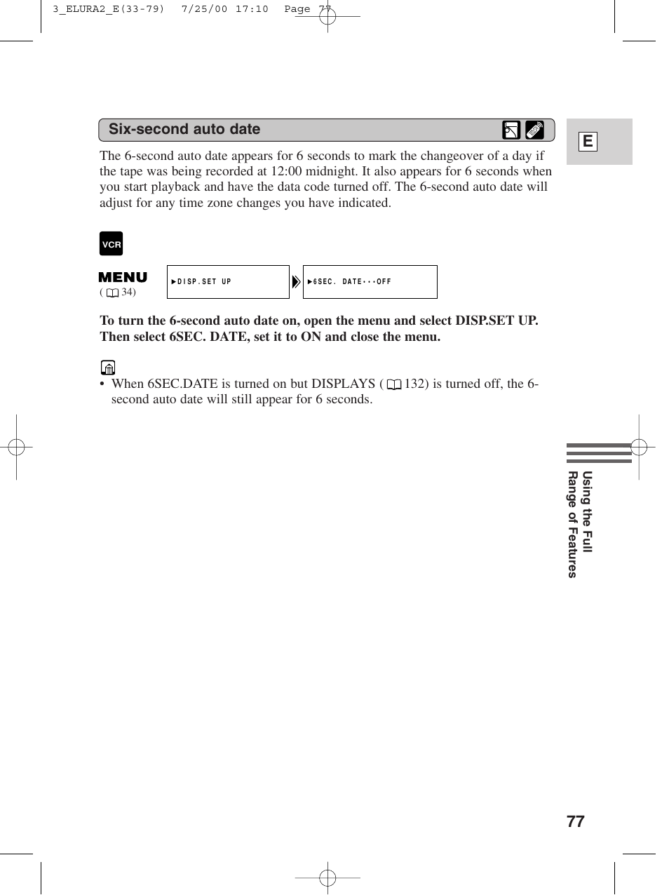 77 e, Six-second auto date | Canon Elura 2 MC User Manual | Page 77 / 147