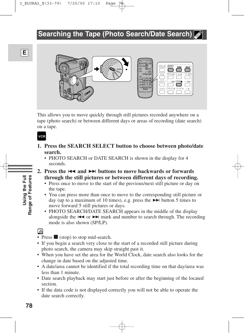Searching the tape (photo search/date search), 78 e | Canon Elura 2 MC User Manual | Page 78 / 147