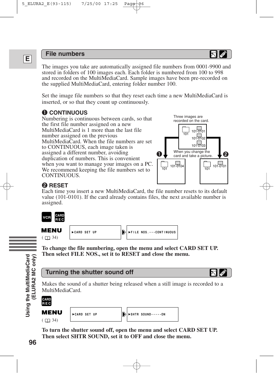 96 e, File numbers, Turning the shutter sound off | Canon Elura 2 MC User Manual | Page 96 / 147